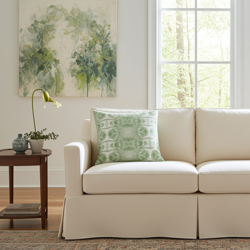 Trees Calm Jade Luxury Pillow by Truett Designs featuring an abstract botanical pattern inspired by oak leaf foliage in calming jade green and soft neutral tones. Handcrafted in England from sustainably printed luxury fabric, this designer decorative pillow brings organic texture, depth, and sophisticated color to sofas, beds, accent chairs, and window seats. A versatile accent for traditional, transitional, and modern interiors, ideal for interior designers seeking luxury throw pillows, artisan-crafted tex