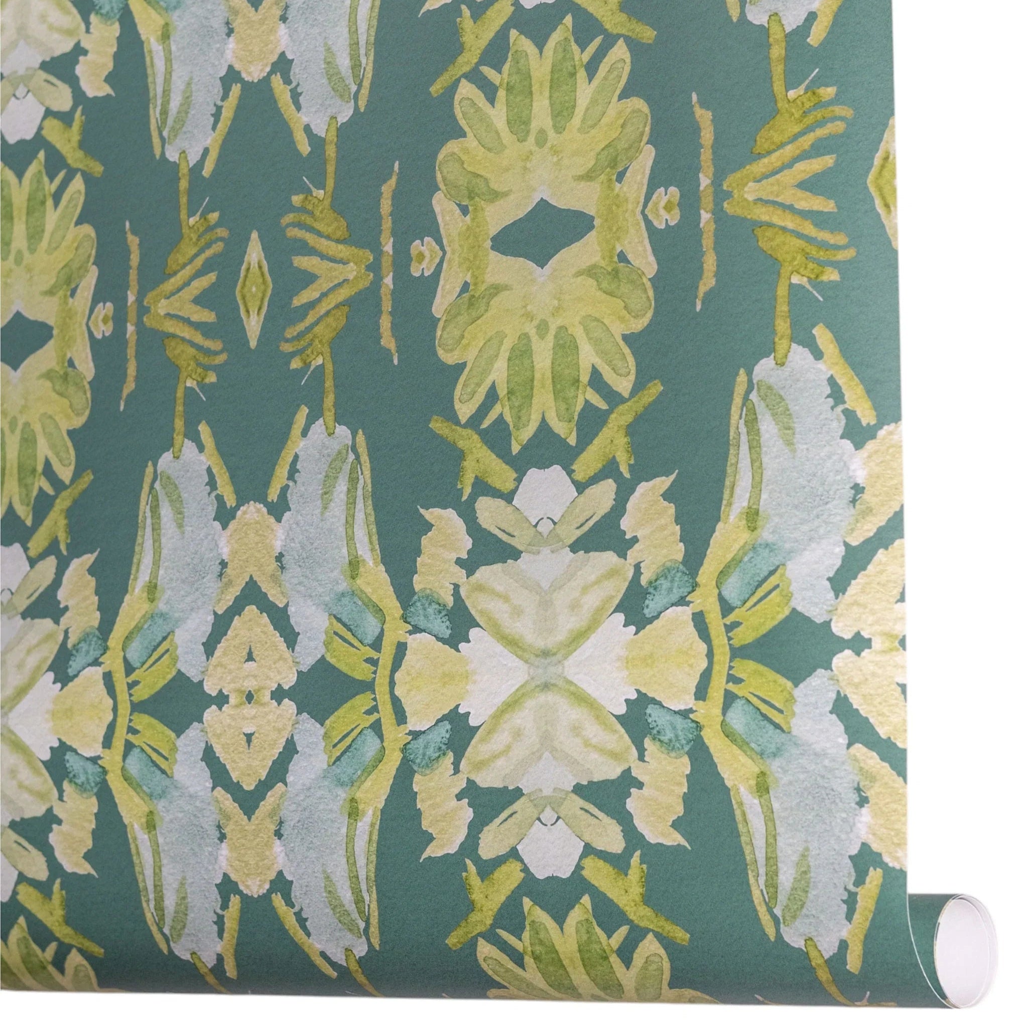 Luxury abstract floral wallpaper in rich dark green tones with layered organic movement, designed for modern traditional and collected interiors.