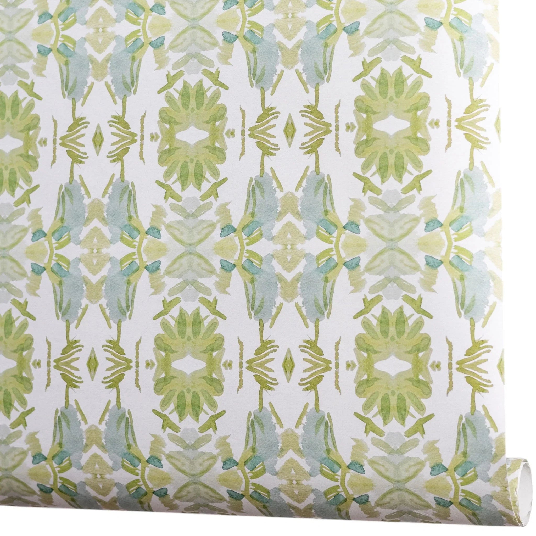 Wildflowers I White & Apple Green luxury wallpaper featuring an abstract floral pattern on a soft white ground with fresh apple green tones, sustainably printed in England for luxury homes, designer-curated interiors, powder rooms, bedrooms, and thoughtfully layered living spaces.