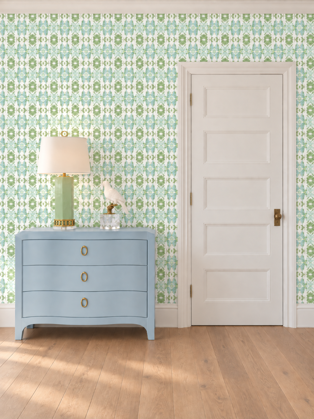 Wildflowers I Sage Green & Blue Small Repeat wallpaper by Truett in a refined interior with white oak floors and blue chest.