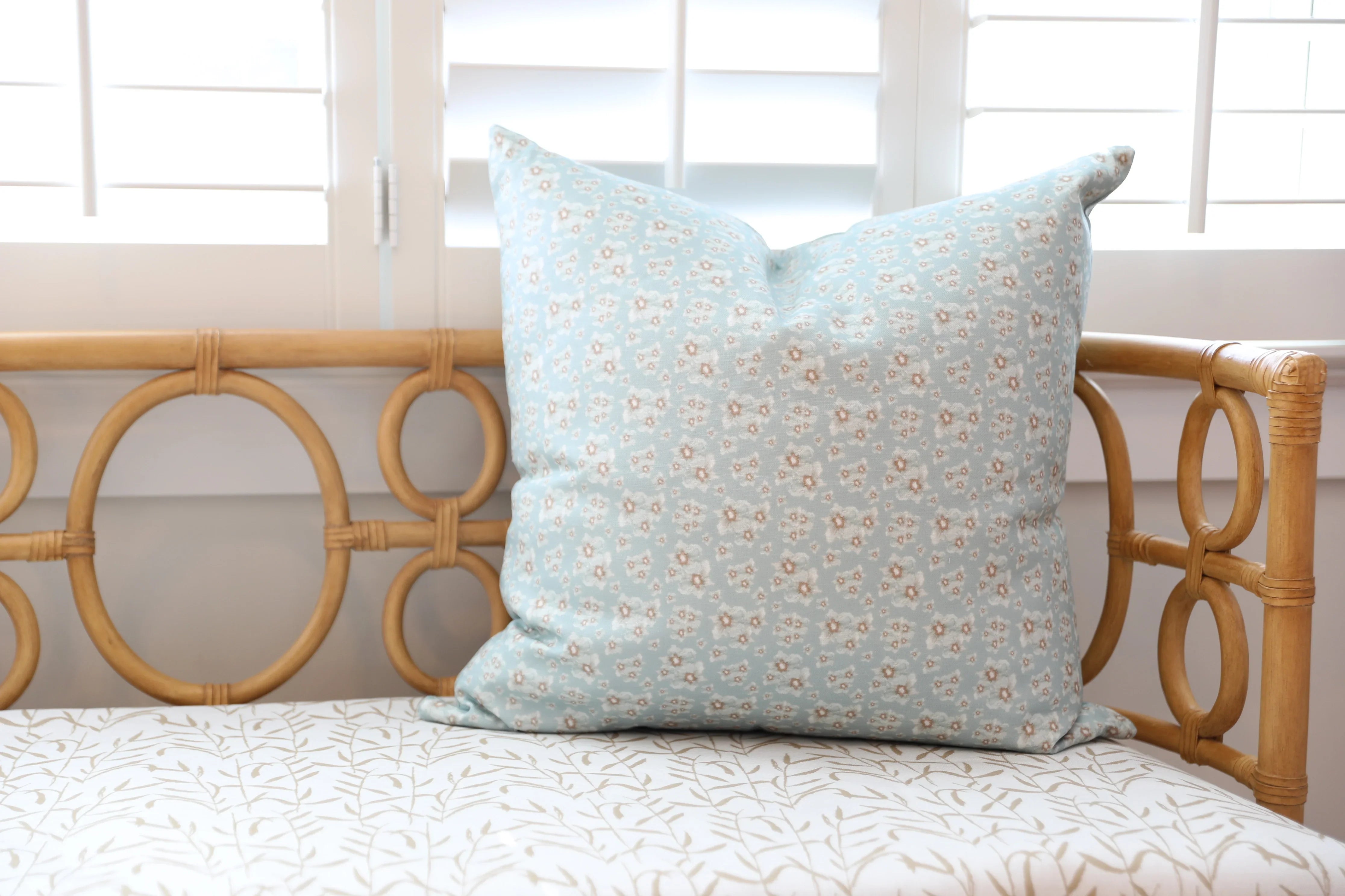 Luxury floral decorative pillow inspired by English cottage gardens with soft botanical detail and layered texture, designed for modern traditional interiors, cozy bedrooms, collected living spaces, and timeless cottage-style homes. Sustainably printed and handcrafted in England by Truett Designs.