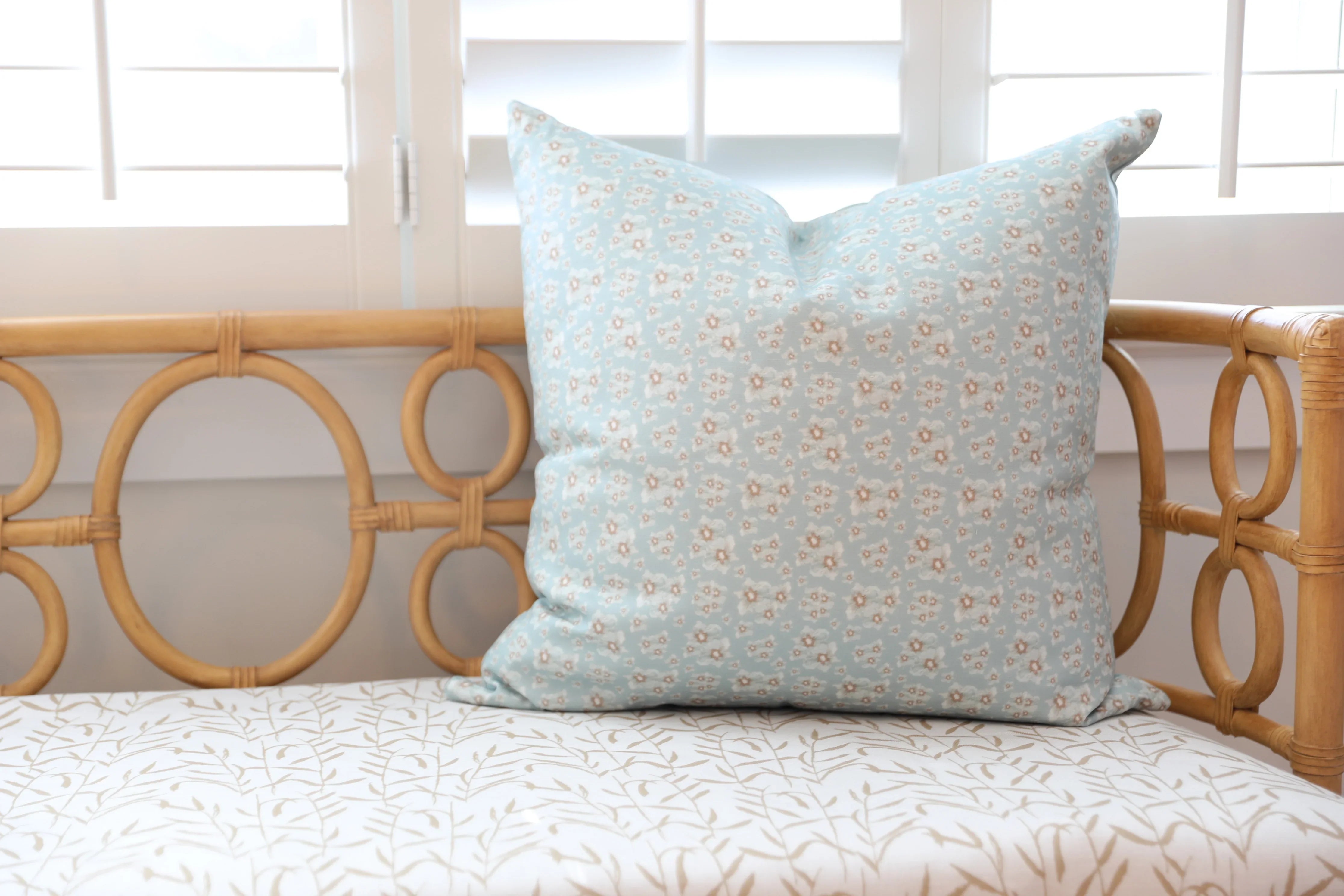 Luxury floral decorative pillow inspired by English cottage gardens with soft botanical detail and layered texture, designed for modern traditional interiors, cozy bedrooms, collected living spaces, and timeless cottage-style homes. Sustainably printed and handcrafted in England by Truett Designs.