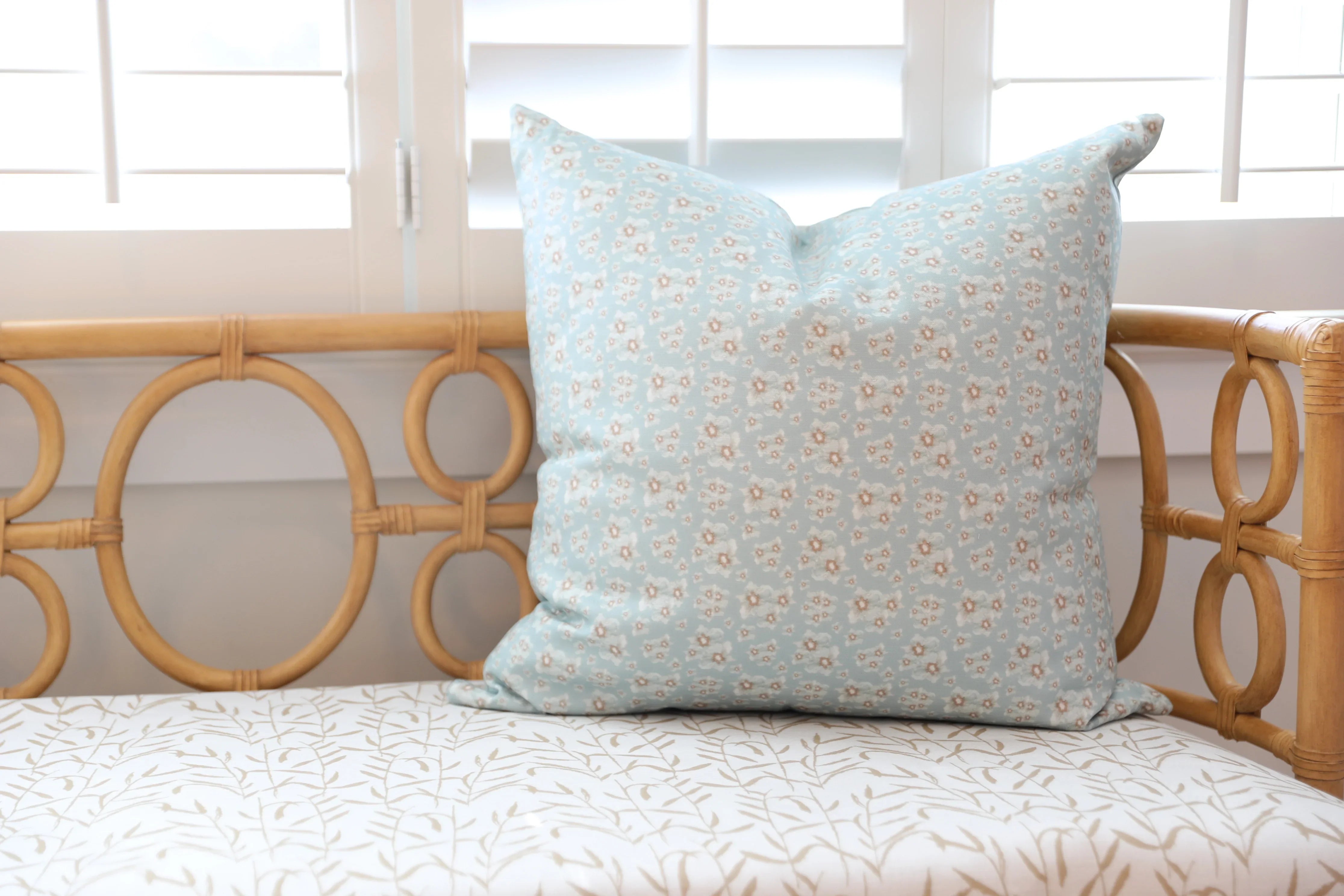 Luxury floral decorative pillow inspired by English cottage gardens with soft botanical detail and layered texture, designed for modern traditional interiors, cozy bedrooms, collected living spaces, and timeless cottage-style homes. Sustainably printed and handcrafted in England by Truett Designs.