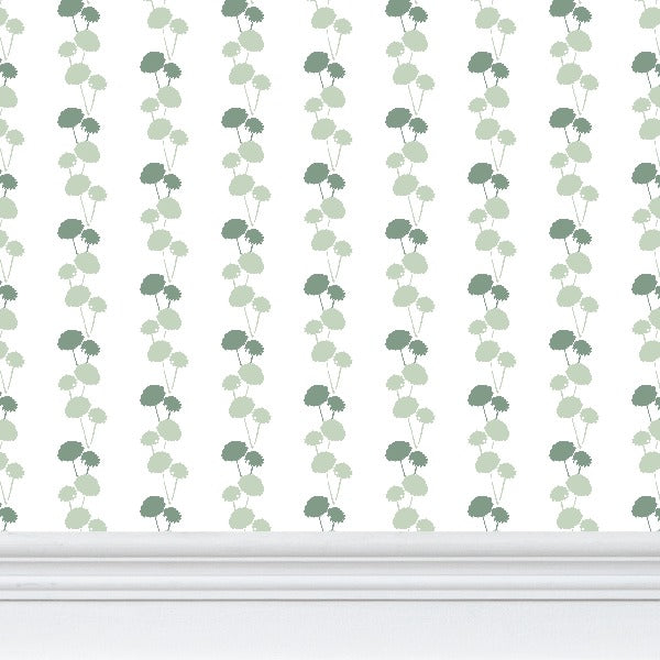 Luxury botanical and floral wallpaper featuring an elegant linear dahlia vine pattern inspired by English gardens, designed for modern traditional interiors, powder rooms, bedrooms, dining spaces, and layered luxury homes. Sustainably printed in England by Truett Designs.