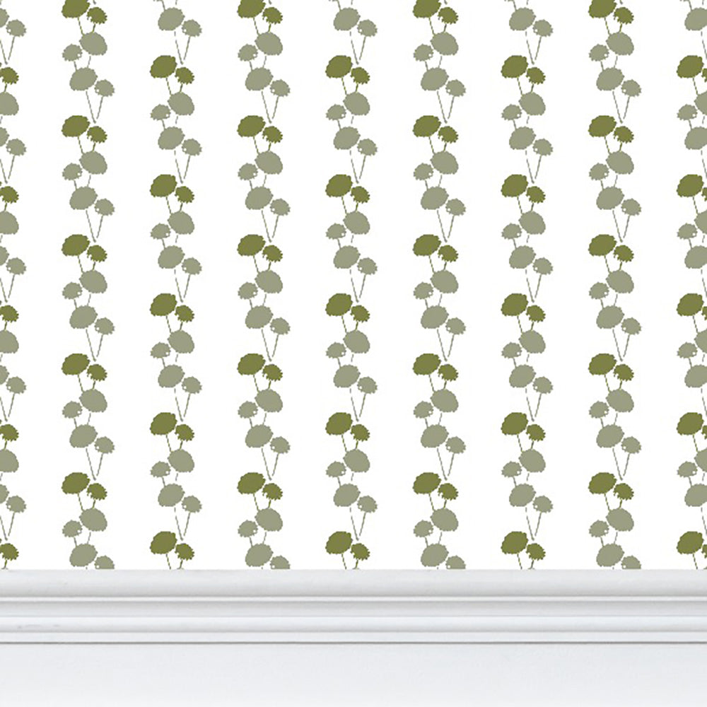 Luxury botanical and floral wallpaper featuring an elegant linear dahlia vine pattern inspired by English gardens, designed for modern traditional interiors, powder rooms, bedrooms, dining spaces, and layered luxury homes. Sustainably printed in England by Truett Designs.