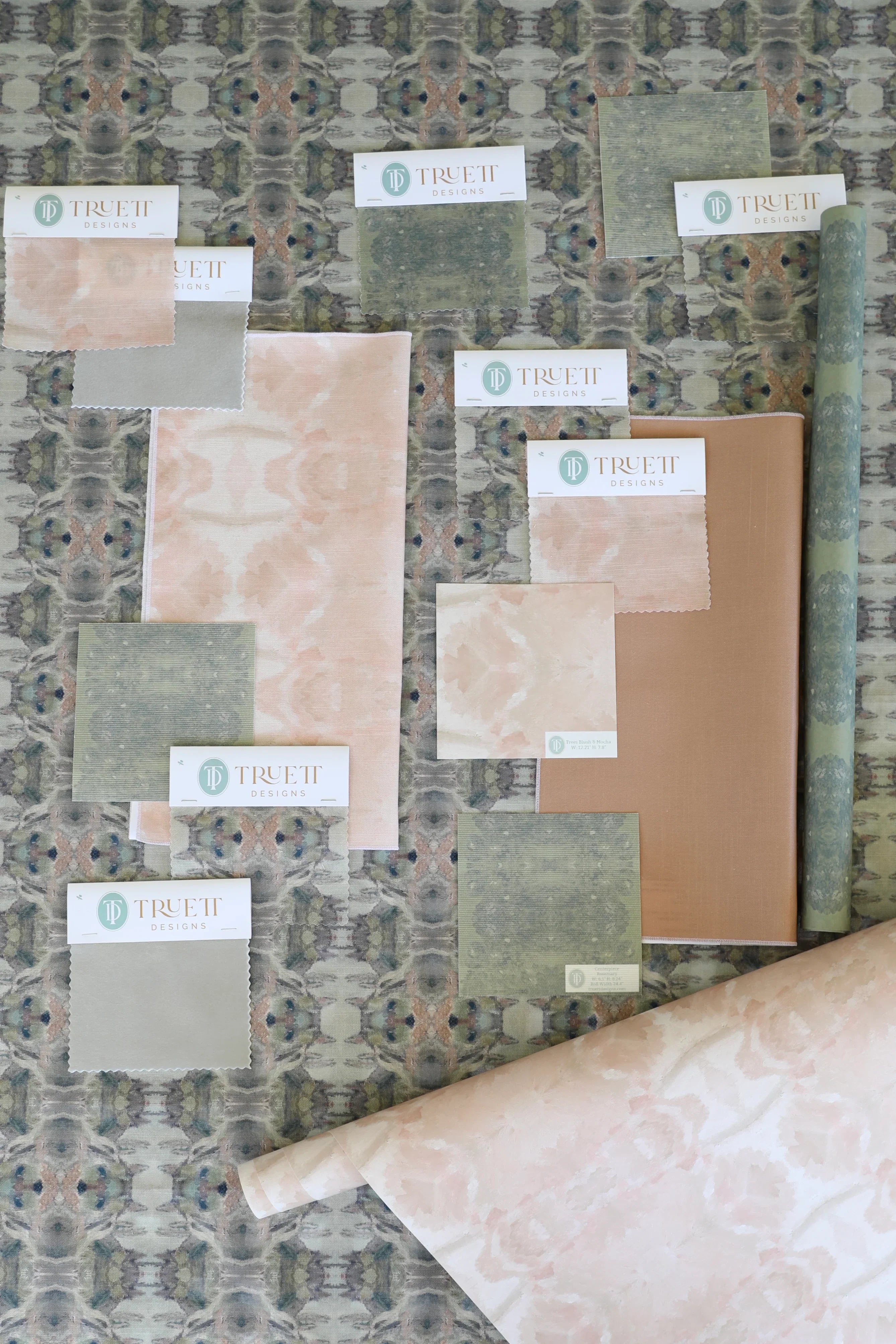 Luxury abstract fabric featuring flowing landscape-inspired movement in warm dusty neutral tones with hidden fox details for collected modern traditional interiors.