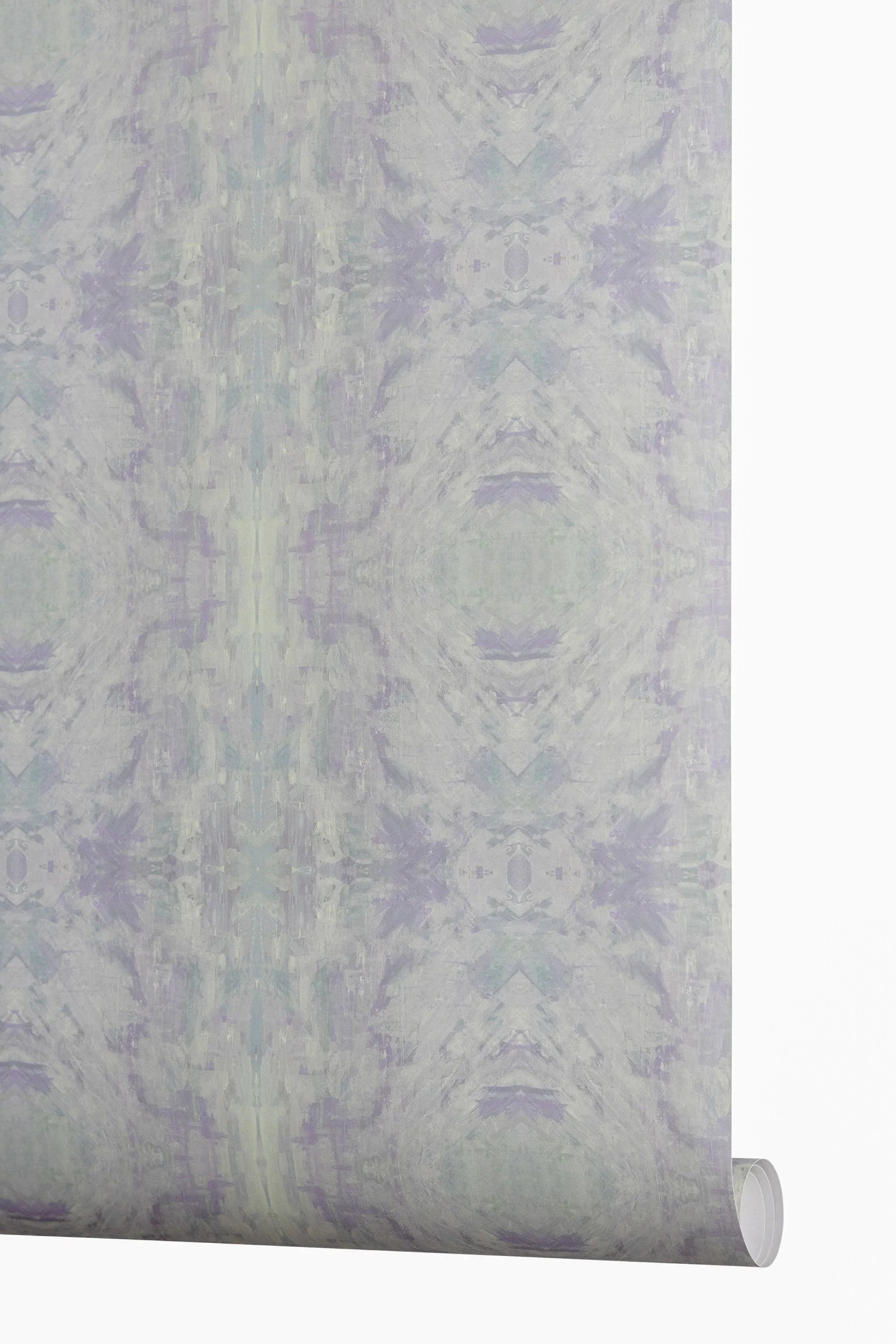 Designer abstract wallpaper with a richly layered pattern in lavender, soft blue, and sage green, inspired by Truett's original artwork and ideal for sophisticated modern traditional interiors.