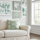 Trees Calm Jade Luxury Pillow by Truett Designs featuring an abstract botanical pattern inspired by oak leaf foliage in calming jade green and soft neutral tones. Handcrafted in England from sustainably printed luxury fabric, this designer decorative pillow brings organic texture, depth, and sophisticated color to sofas, beds, accent chairs, and window seats. A versatile accent for traditional, transitional, and modern interiors, ideal for interior designers seeking luxury throw pillows, artisan-crafted tex