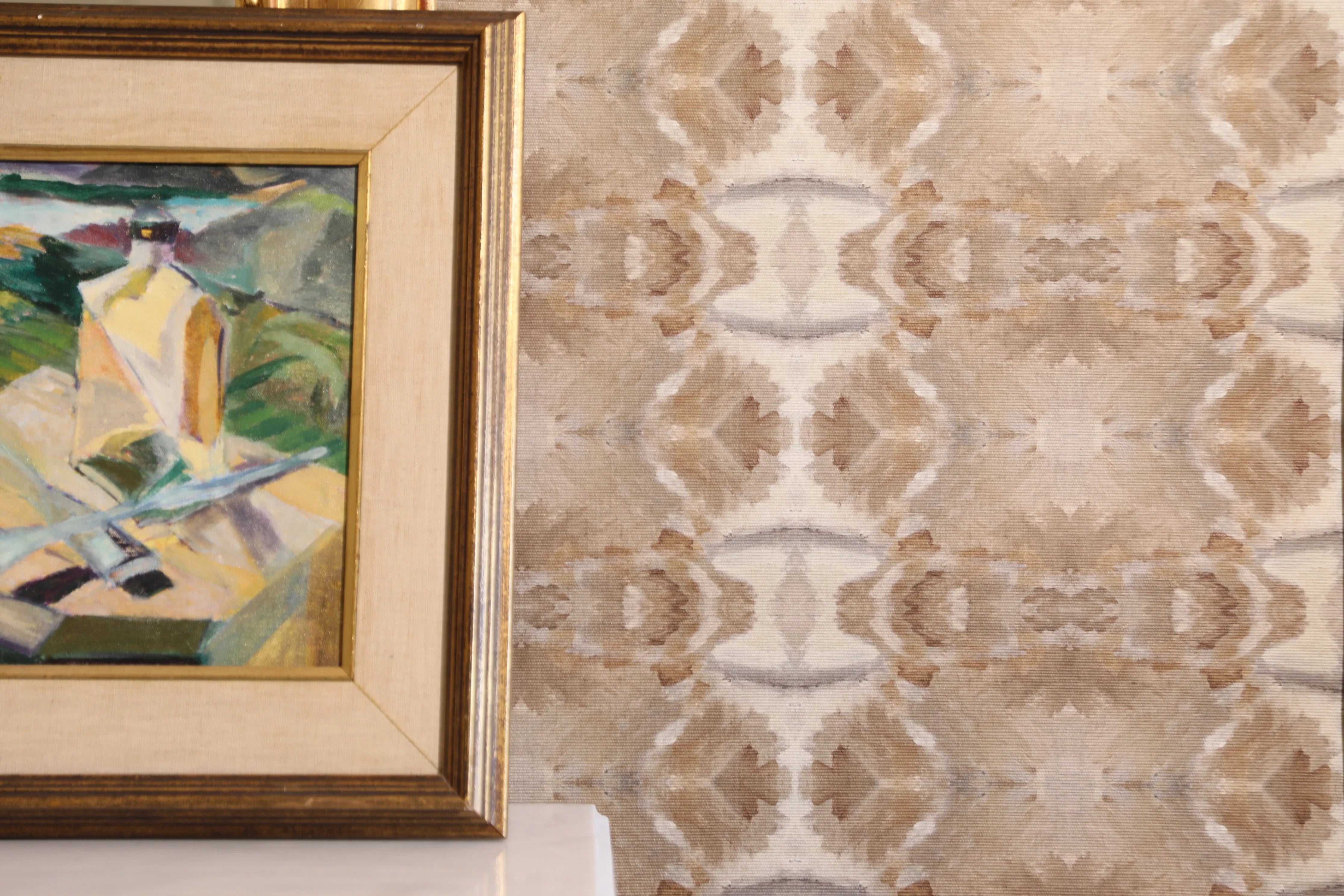 Luxury cognac brown abstract wallpaper with painterly organic movement and linear lines inspired by live oak trees, designed for contemporary and modern traditional interiors.