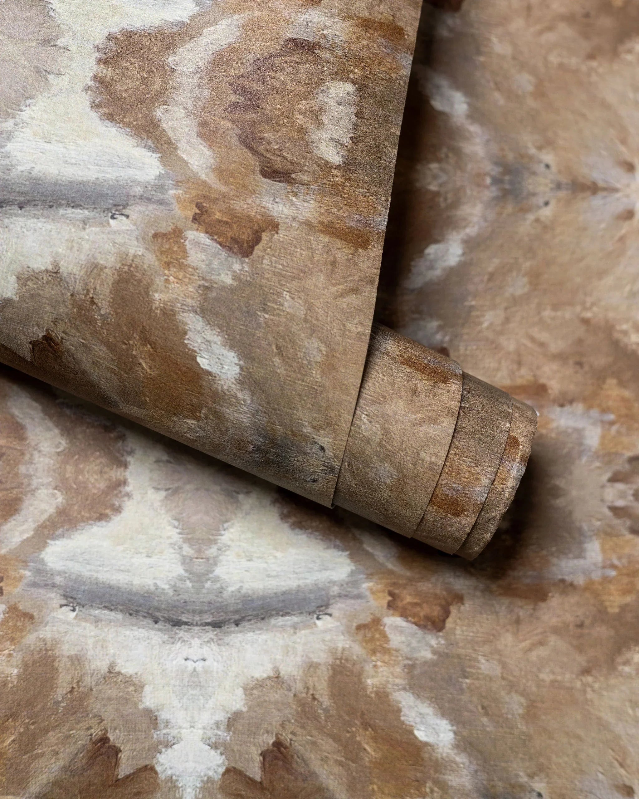 Luxury cognac brown abstract wallpaper with painterly organic movement and linear lines inspired by live oak trees, designed for contemporary and modern traditional interiors.