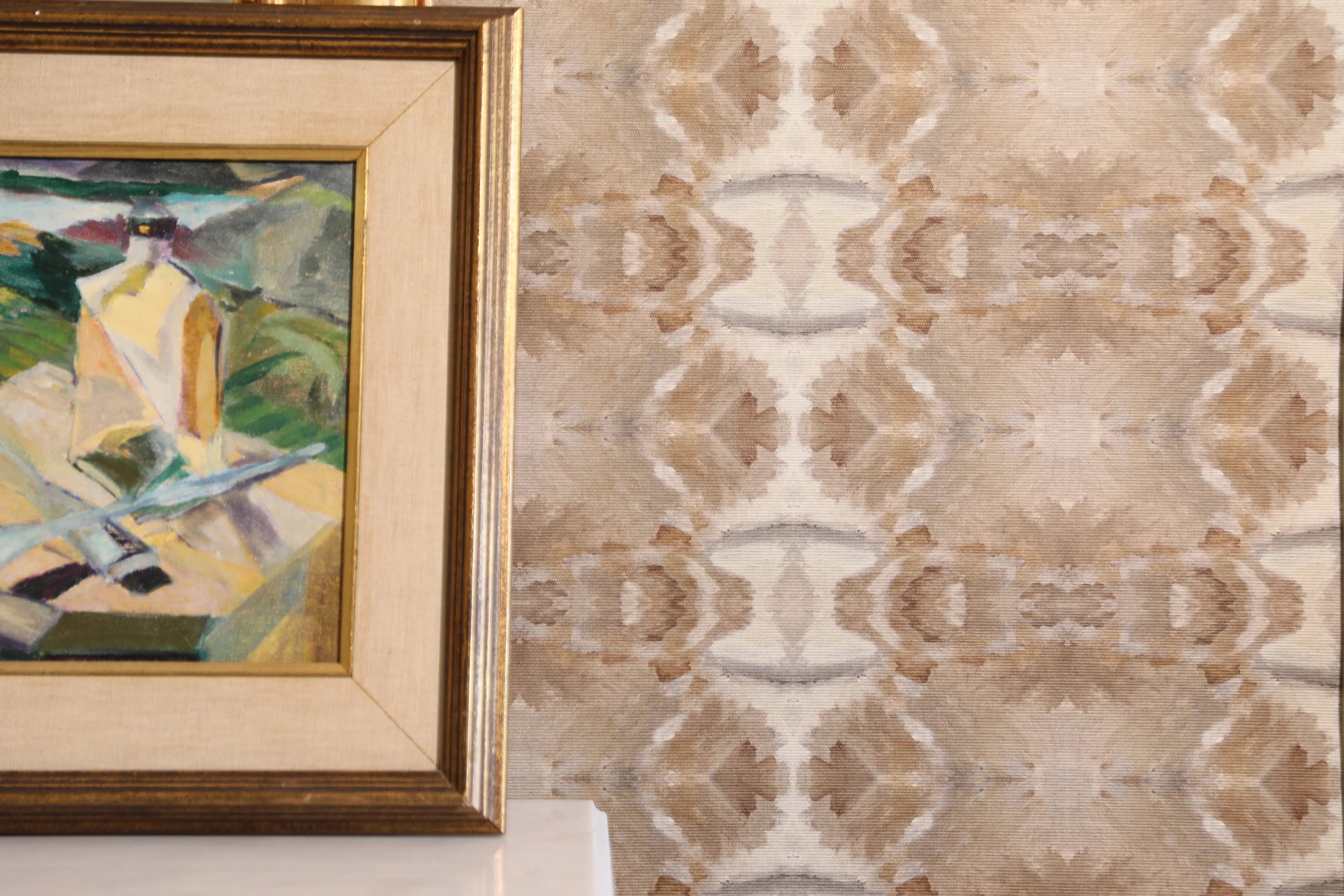 Luxury cognac brown abstract wallpaper with painterly organic movement and linear lines inspired by live oak trees, designed for contemporary and modern traditional interiors.