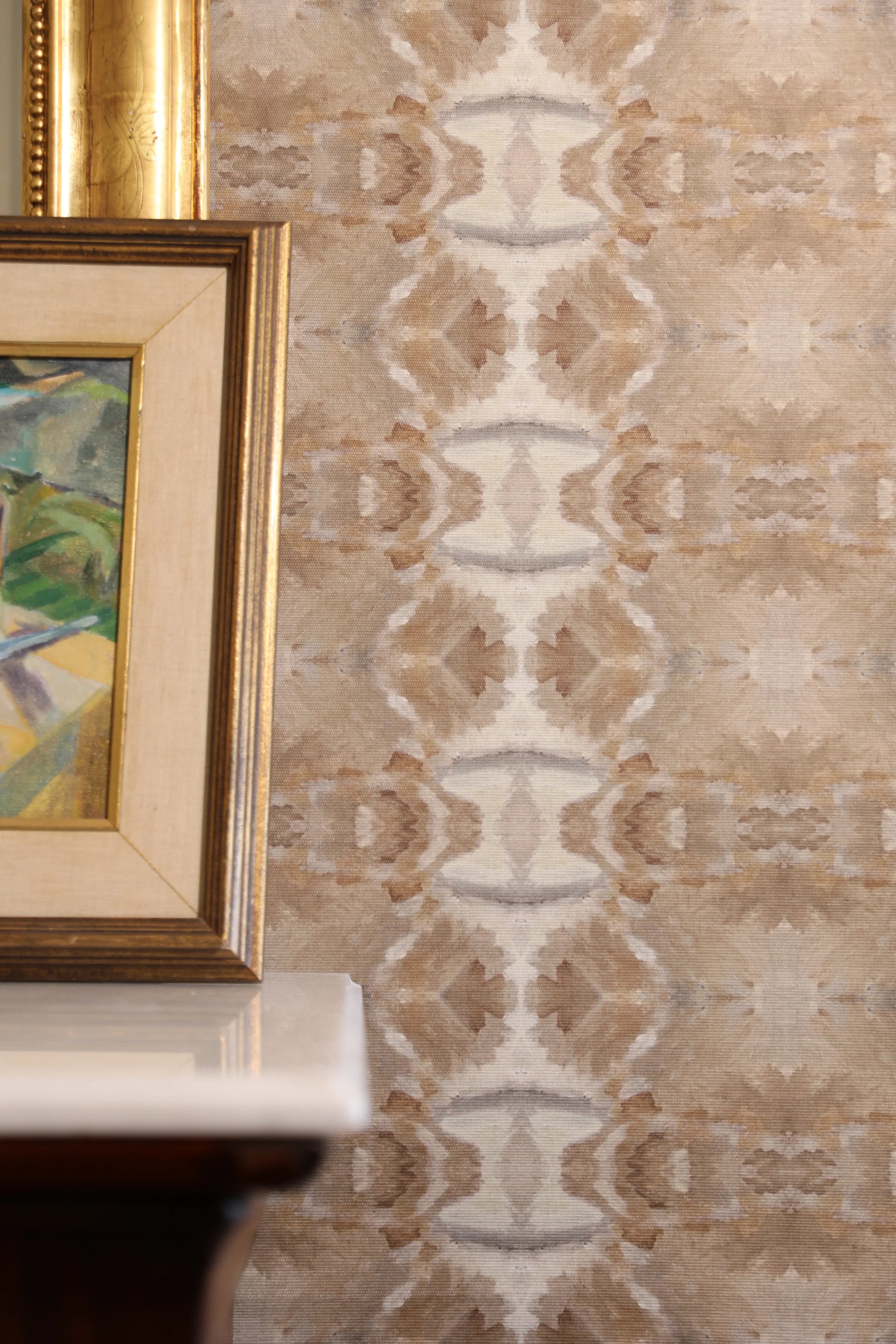 Luxury cognac brown abstract wallpaper with painterly organic movement and linear lines inspired by live oak trees, designed for contemporary and modern traditional interiors.
