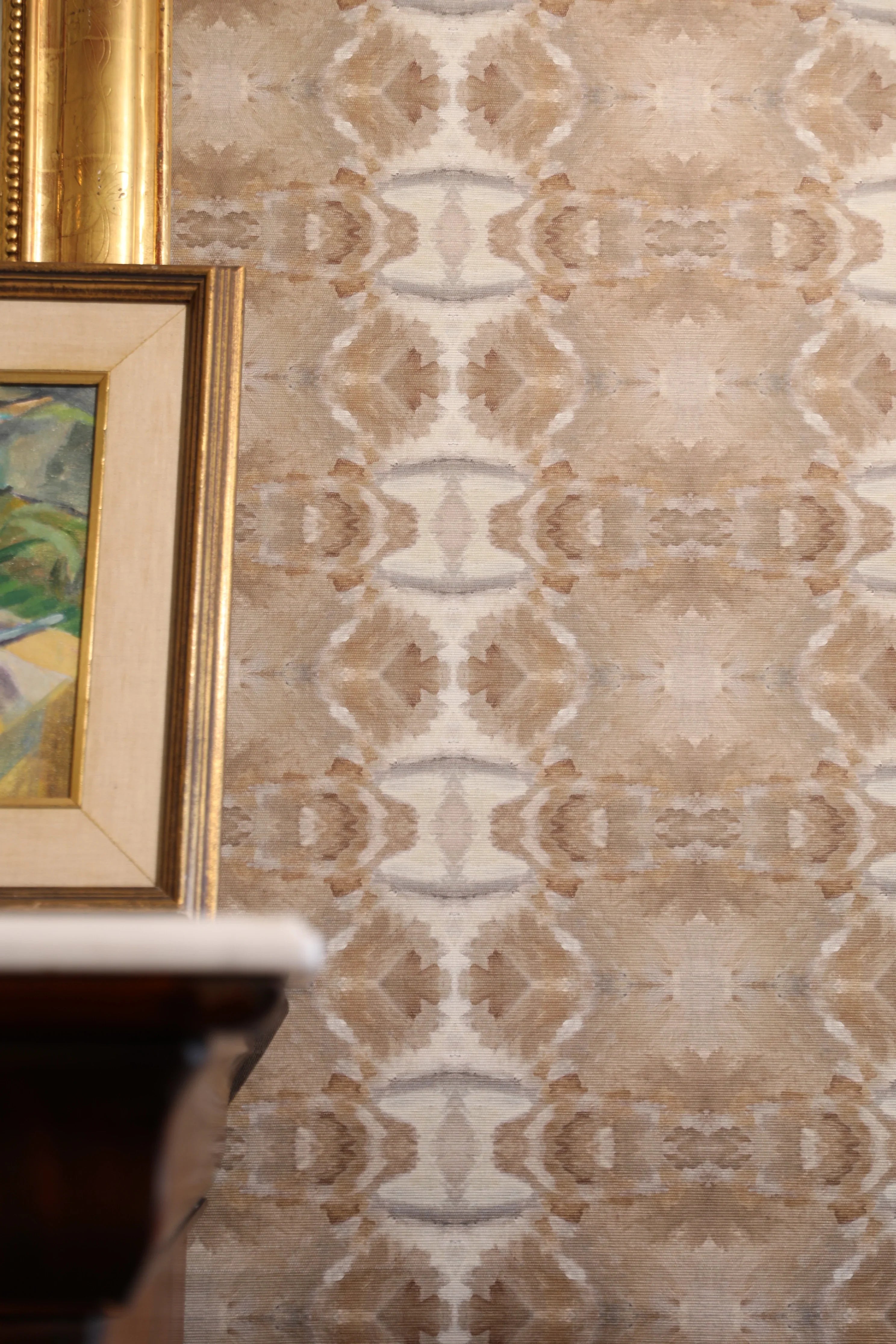 Luxury cognac brown abstract wallpaper with painterly organic movement and linear lines inspired by live oak trees, designed for contemporary and modern traditional interiors.