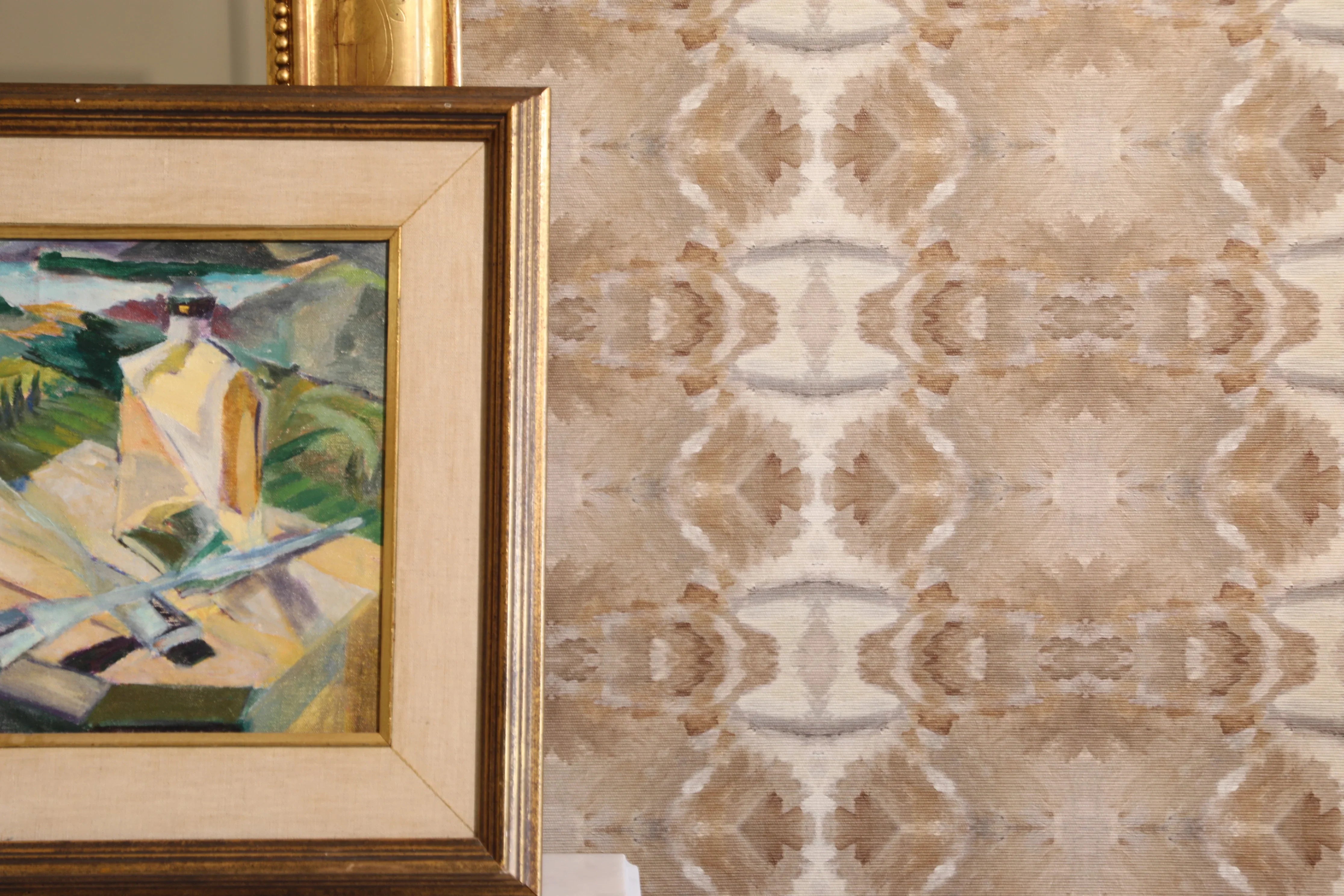 Luxury cognac brown abstract wallpaper with painterly organic movement and linear lines inspired by live oak trees, designed for contemporary and modern traditional interiors.