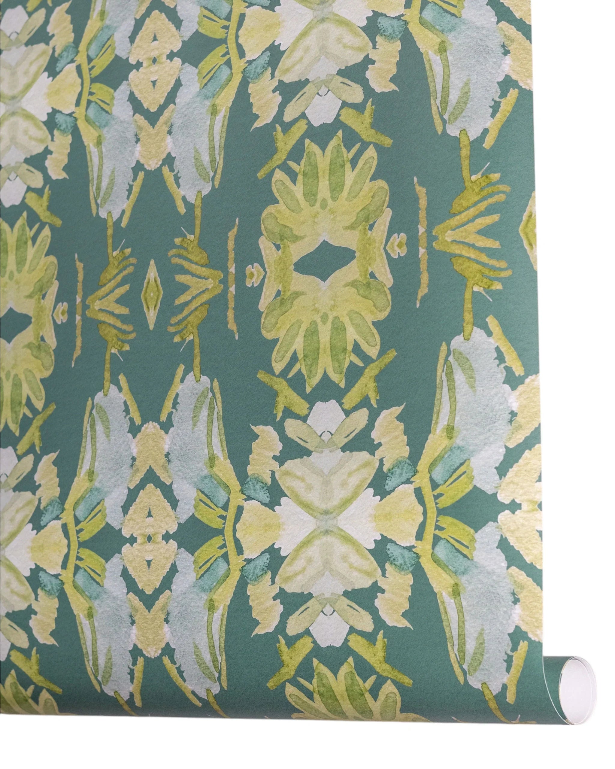 Luxury abstract floral wallpaper in rich dark green tones with layered organic movement, designed for modern traditional and collected interiors.