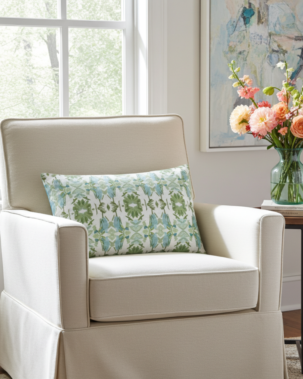 Luxury sage green and powder blue botanical pillow with large-scale floral pattern inspired by Alaska wildflowers, handcrafted in England and styled for contemporary and traditional interiors.