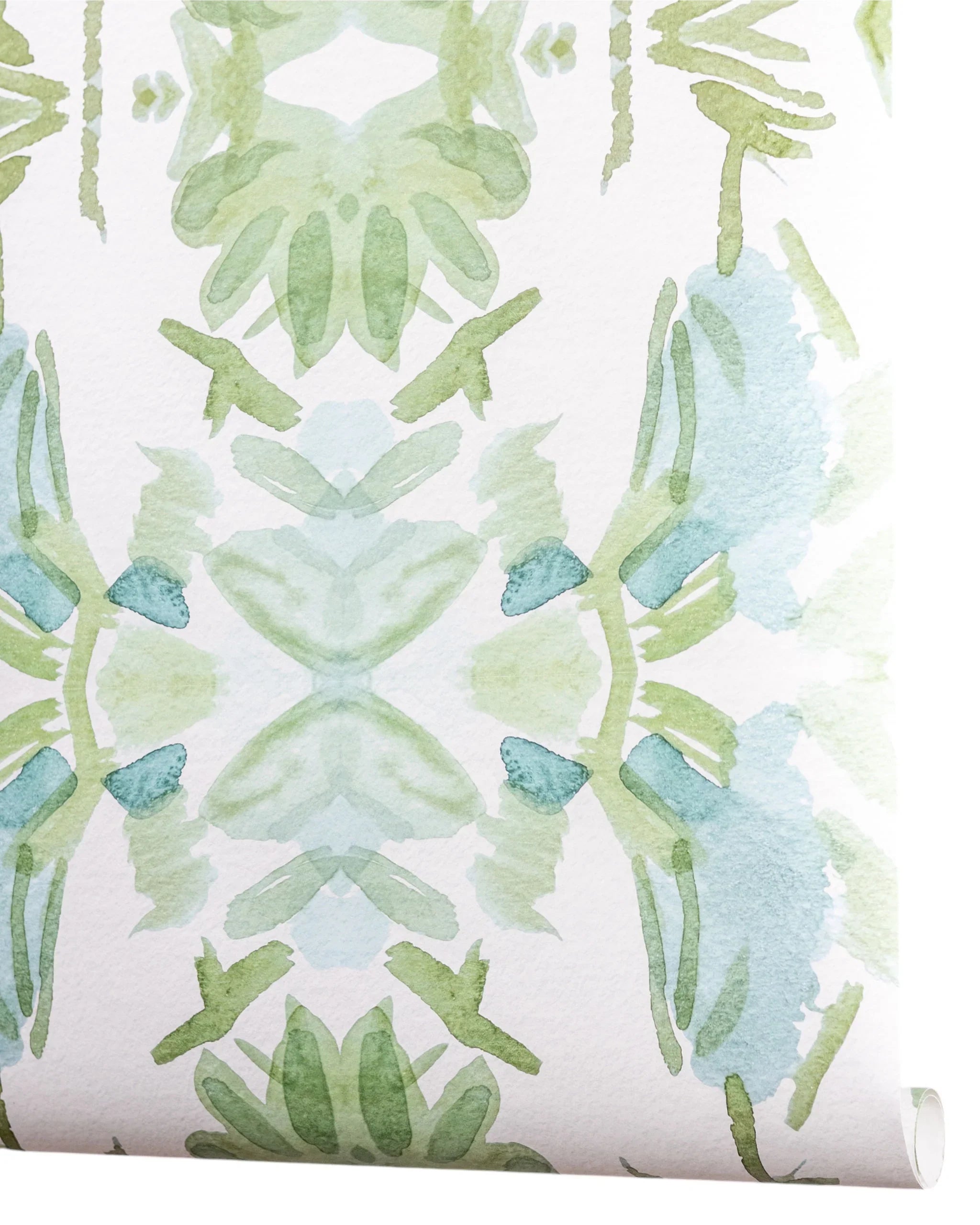 Luxury botanical wallpaper featuring an artistic wildflower-inspired pattern in sage green and soft blue, designed for modern traditional interiors, powder rooms, bedrooms, dining rooms, and collected homes.