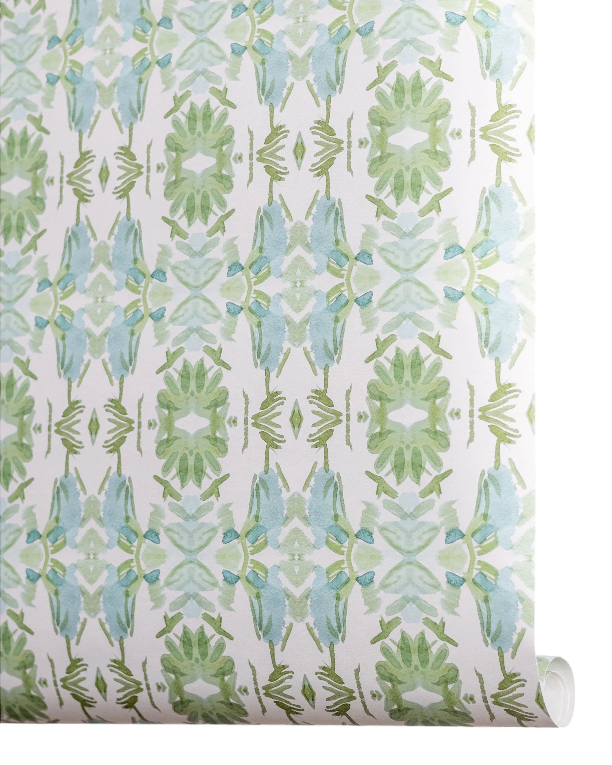 Luxury botanical wallpaper featuring an artistic wildflower-inspired pattern in sage green and soft blue, designed for modern traditional interiors, powder rooms, bedrooms, dining rooms, and collected homes.