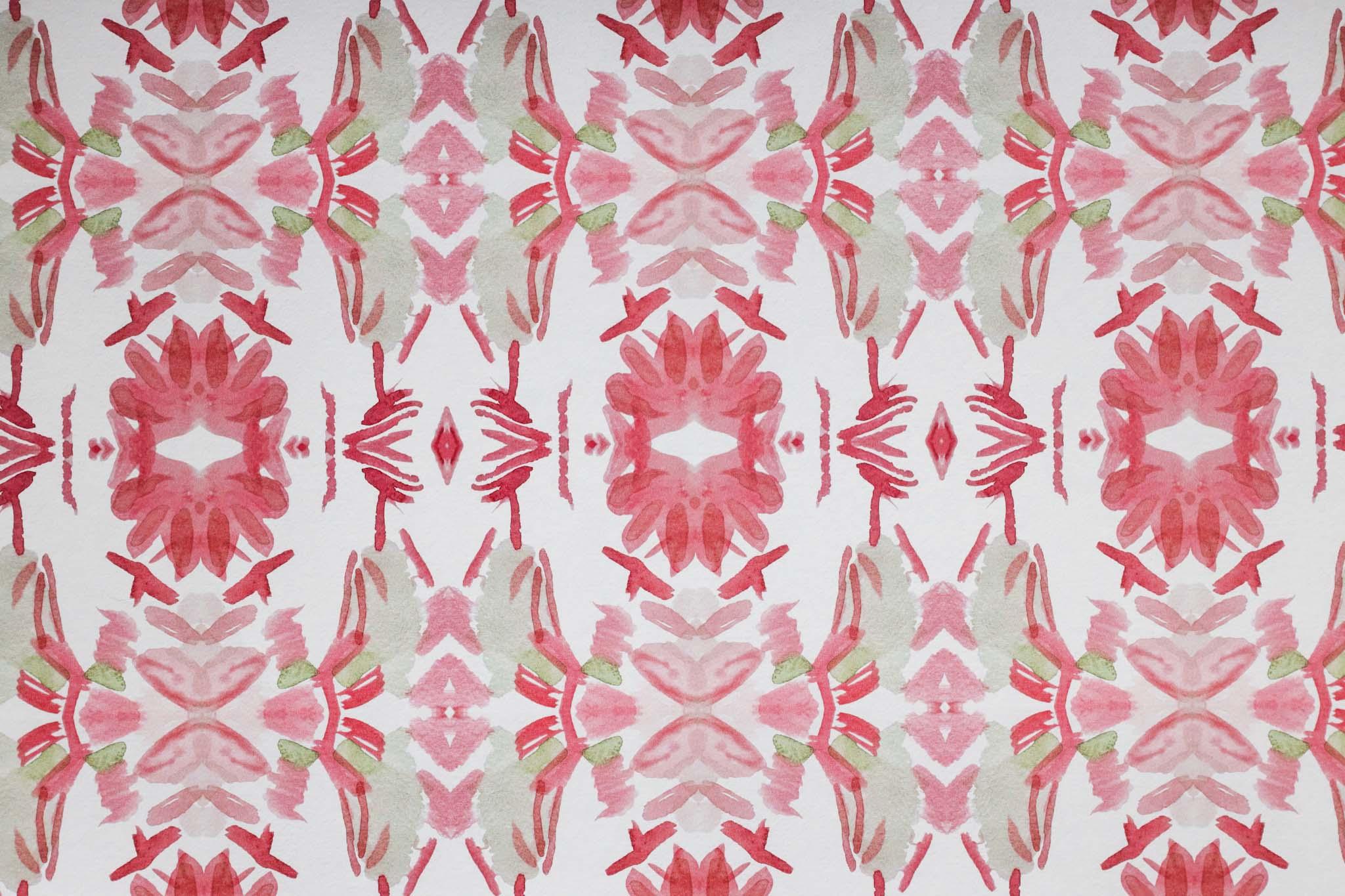 Luxury floral wallpaper featuring an artistic wildflower pattern in strawberry pink, blush, and soft green tones, designed for modern traditional interiors, bedrooms, powder rooms, and collected homes.