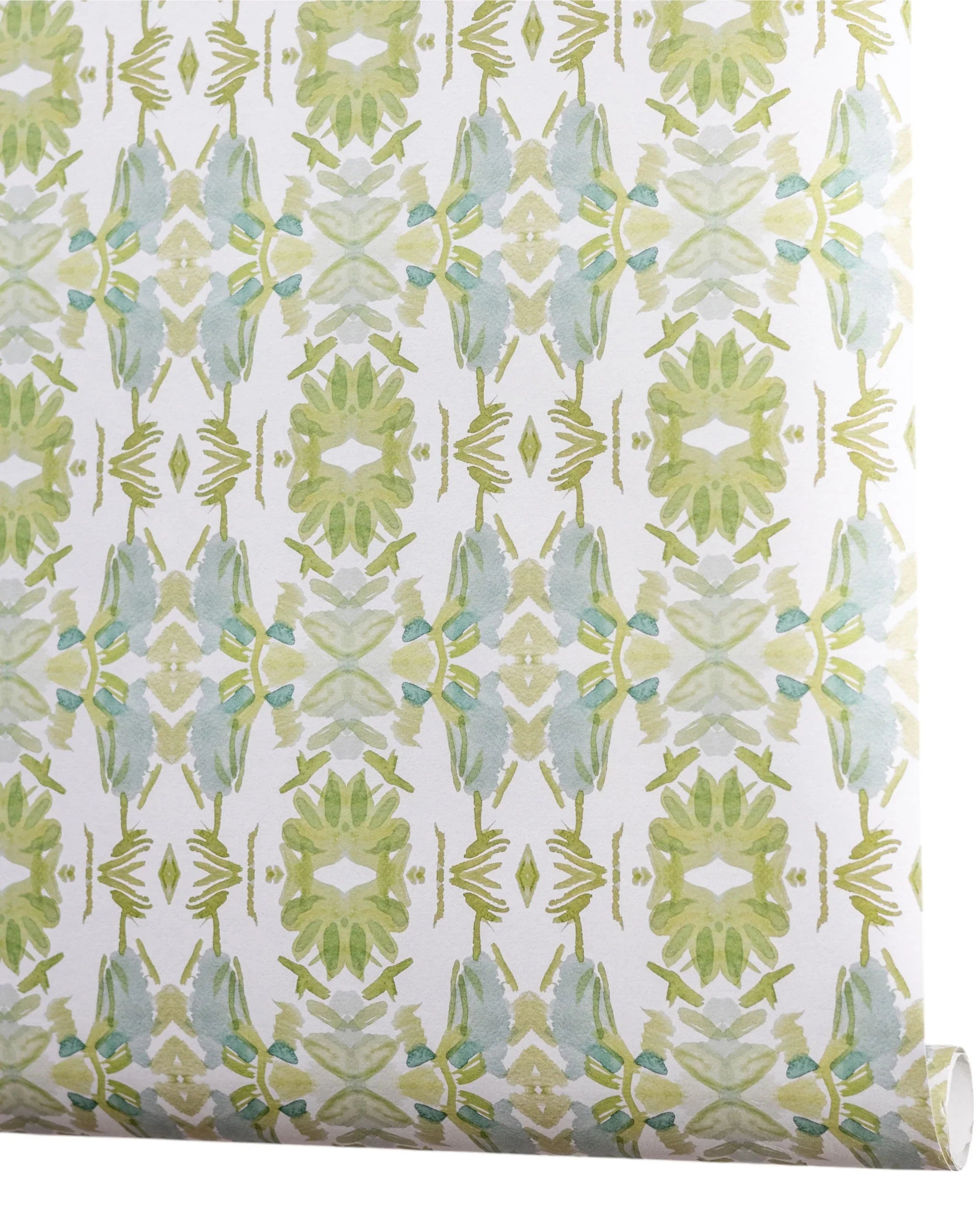 Wildflowers I White & Apple Green luxury wallpaper featuring an abstract floral pattern on a soft white ground with fresh apple green tones, sustainably printed in England for luxury homes, designer-curated interiors, powder rooms, bedrooms, and thoughtfully layered living spaces.