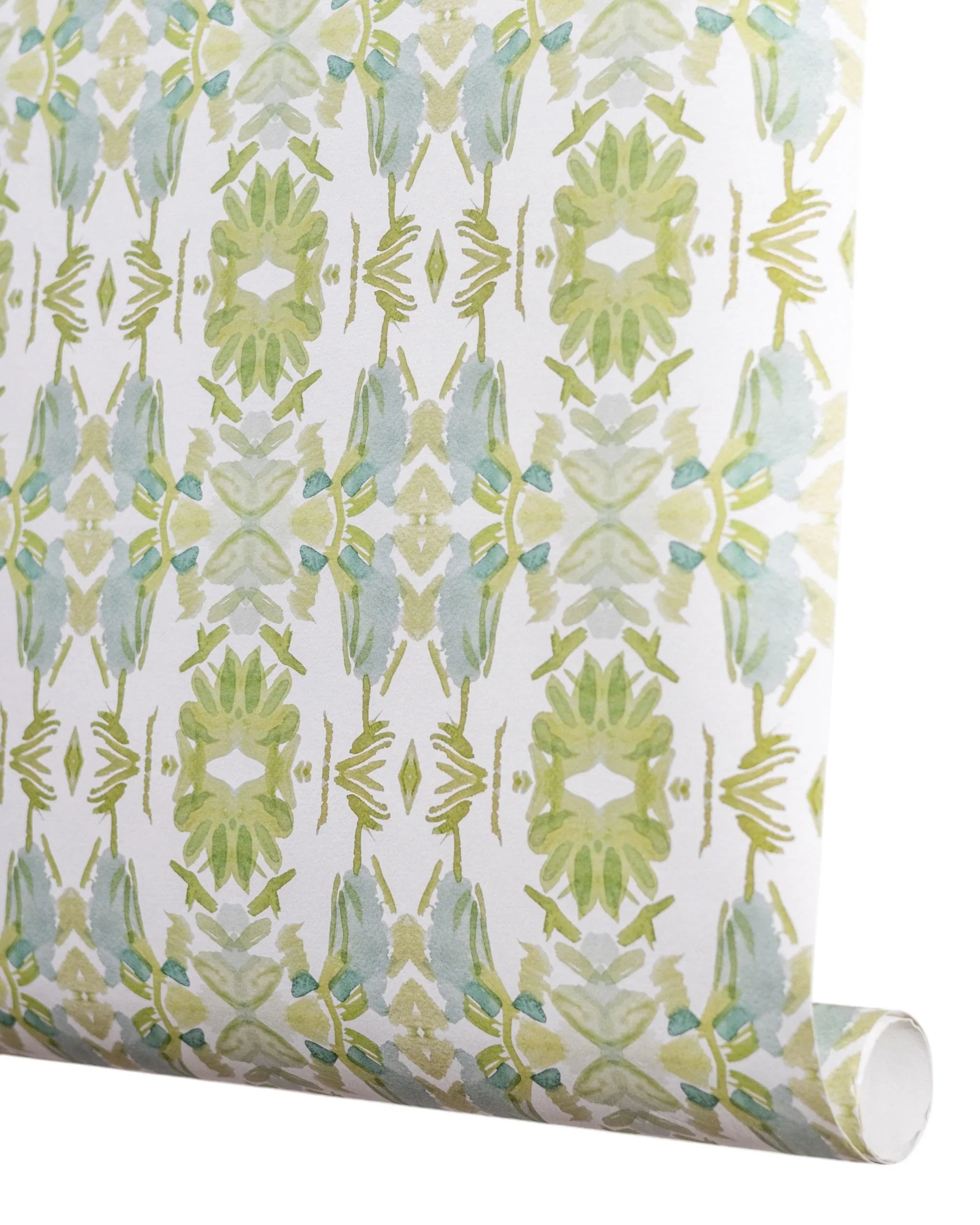 Wildflowers I White & Apple Green luxury wallpaper featuring an abstract floral pattern on a soft white ground with fresh apple green tones, sustainably printed in England for luxury homes, designer-curated interiors, powder rooms, bedrooms, and thoughtfully layered living spaces.