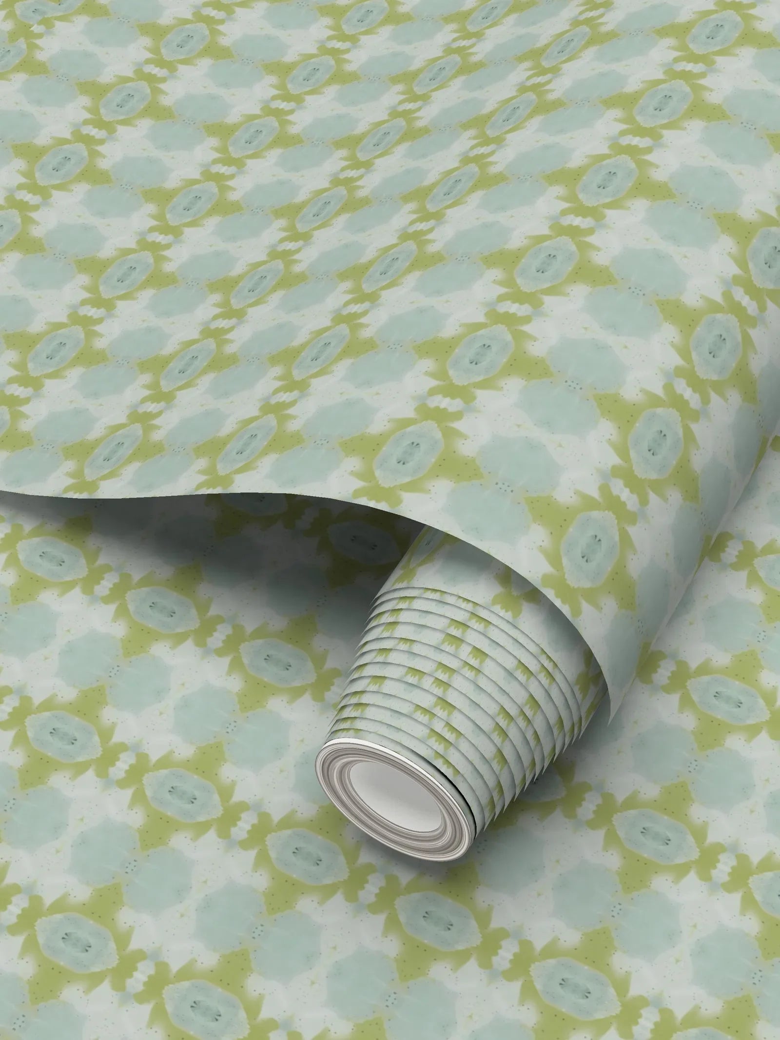 Designer abstract wallpaper in chartreuse green and soft blue with an organic geometric motif, ideal for modern traditional interiors, statement walls, and layered homes.